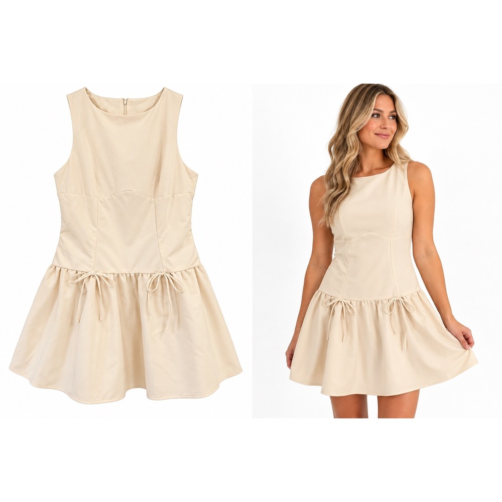 Love Fire Womens Beige Sleeveless Drop Waist Bow coquette style Mini Dress LARGE
